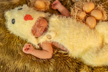 newborn baby in chicken costume sleeping on fur bed
