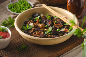 Homemade thai meat with forest mushrooms