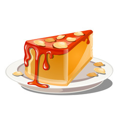 A slice of pumpkin pudding or cheesecake with red topping and crumble nut cereal isolated on a white background. Illustration for a recipe book of tasty and healthy food. Cartoon vector close-up.