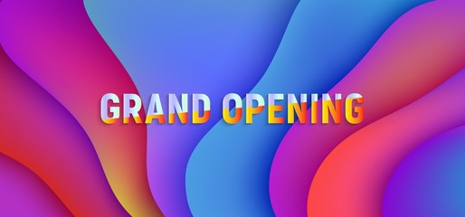 Grand opening banner for buisness, fluid pink and blue gradient background.