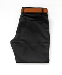 Men's black trouser with belt isolated on white background, Top view