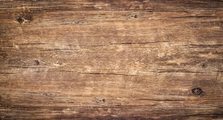 Foto op Plexiglas Hout Houtstructuur achtergrond. Ruw oppervlak van oude geknoopte tafel met natuurpatroon. Bovenaanzicht van vintage houten hout met scheuren. Bruin rustiek hout voor achtergrond.