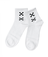 White pair of socks isolated on a white background, Top view, Clipping Path