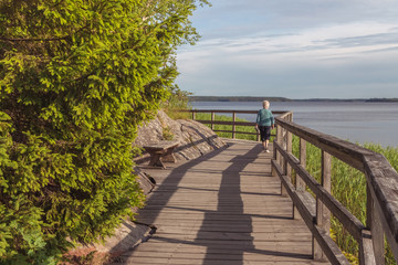 Wooden Pathway or Footpath near lake. Path along the water. Beautiful landscape with way between...