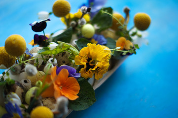 Easter holiday natural composition with first spring flowers like tricolor violas and primerose , quail eggs