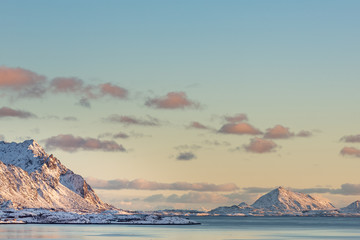 Beautiful view at a river near Vestpollen during a fantastic sunset. Lofoten Islands,  Norway,...