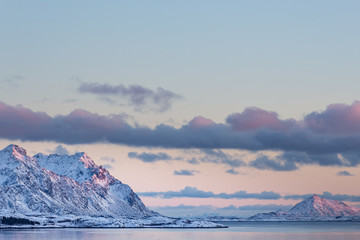 Beautiful view at a river near Vestpollen during a fantastic sunset. Lofoten Islands,  Norway,...