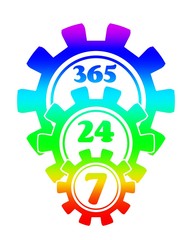 Time operation mode in gear. Gear pyramid. For customer support and retail. Seven days twenty four hour. Cogwheels overlay