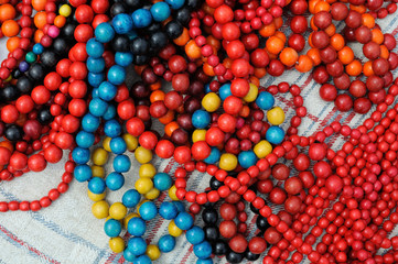  close-up of traditional colorful ukrainian wooden beads