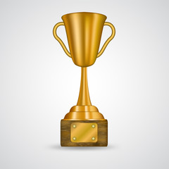 Championship reward, golden cup three dimensional vector isolated on white background. Great quality, prize winning level icon. Sport, game or business success, achievement symbol. Luxurious trophy.