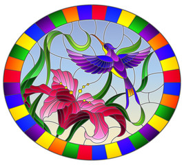 Illustration in stained glass style with bright Hummingbird against the sky, foliage and flower of Lily, oval image in bright frame