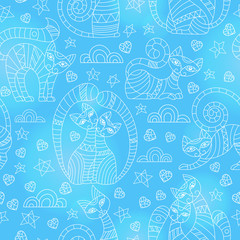Seamless pattern with abstract cats, stars and hearts, white outline drawings on blue background