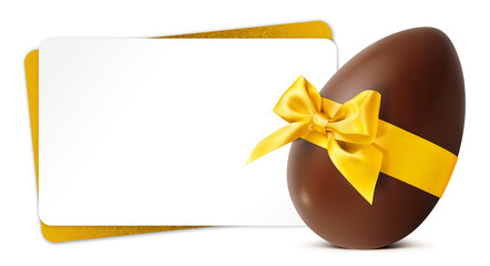 Easter gift card with chocolate easter egg with golden ribbon Bow isolated on white background