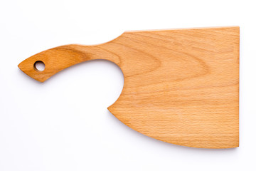 Wooden kitchen board on a white background top view