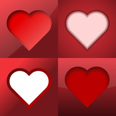 Set of hearts with shadows on red background