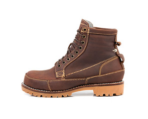 Brown boot with Nubuck leather isolated on a white background. side view