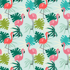 Flamingo and tropical leaves seamless pattern.