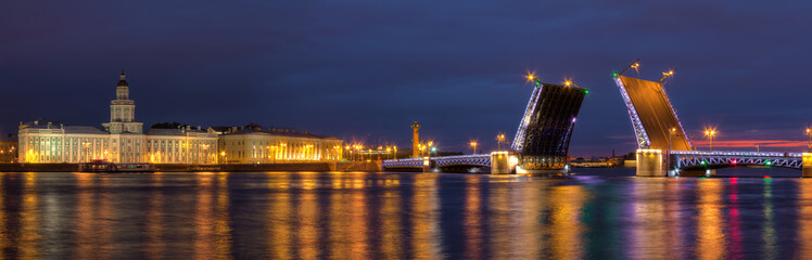 Fototapeta na wymiar Night panoramic view on illumunated open Palace Bridge, Neva River and buildings on the embankment, St. Petersburg, Russia