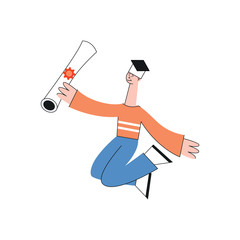 Vector happy teen graduate man student jumps