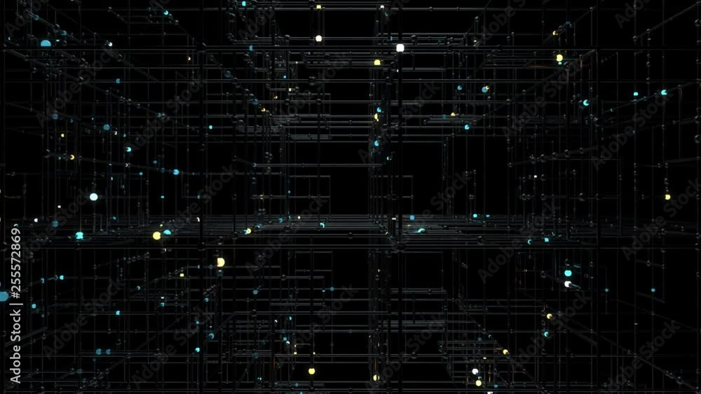 Poster colorfull 3d render of grid with bright sphere on the edges. complex technology structure. data comp