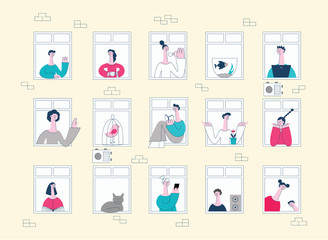 Vector flat neighbors looking out the windows