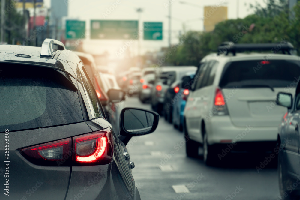 Wall mural transportation of cars on the road. open light break waiting to release traffic signals in the inter