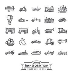 Collection of vintage transportation vehicles vector icons. Flat Outline Style. © eyewave