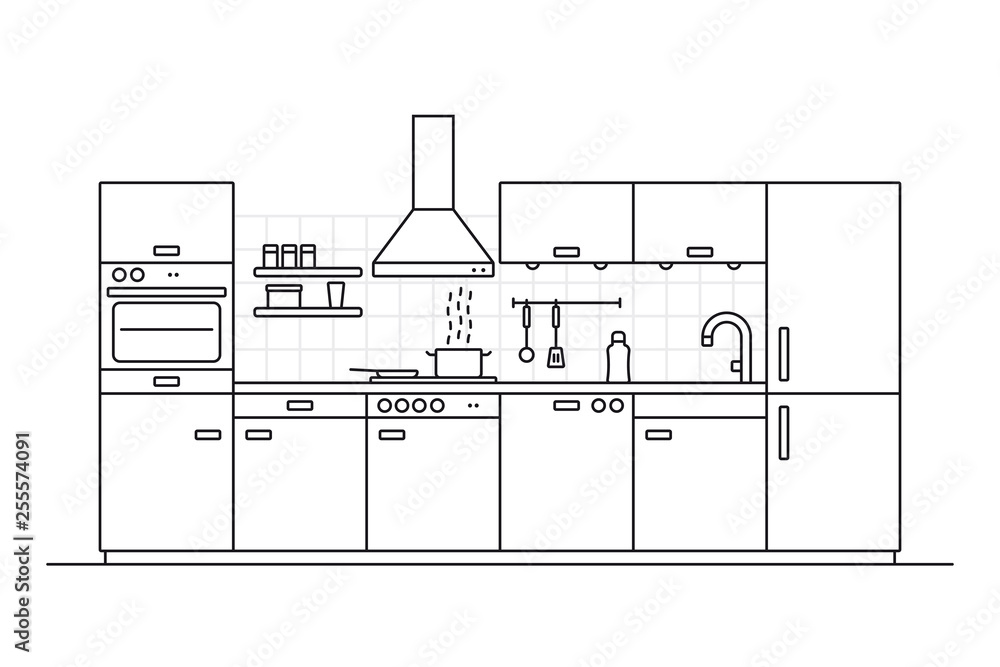 Wall mural Kitchen interior line art vector illustration