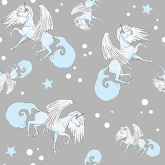 Seamless pattern with unicorns on gray background
