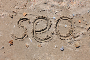 The inscription on the beach sand - Sea, seashells and stones