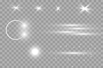 White glowing light explodes on a transparent background. Sparkling magical dust particles. Bright Star. Transparent shining sun, bright flash. Vector sparkles. To center a bright flash
