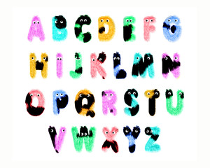 Colorful furry characters alphabet, isolated on white background