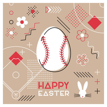 Happy Easter. Greeting card with Easter egg as a baseball ball. Abstract Memphis design. Vector illustration.