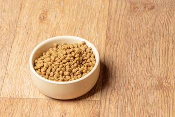 Beige cat and dog food bowl on the floor