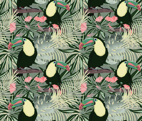 Seamless tropical pattern. Toucan birds in the rainforest. © brusnika9