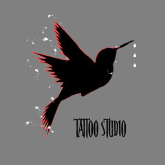  Illustration silhouette of hummingbird with tattoo machine instead beak throwing drops of ink. Tattoo studio artistic symbolic logo isolated on grey background © asim138