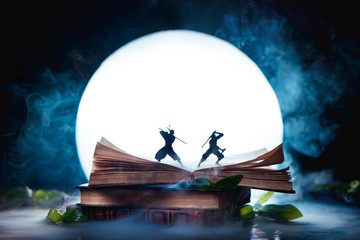 An open book with two ninja warrior silhouettes fighting in full Moon. Reader imagination and...