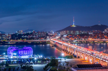 night view of han river in Seoul city South Korea