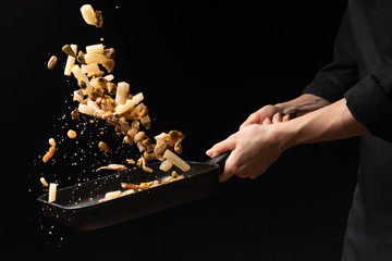 Professional chef prepares seafood. octopus kalmar mussels. Sea food. Asian and Eastern cuisine. culinary background. Freezing food © Anton