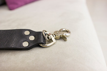 Close up of leather belt with metal carbines. Equipment for photo