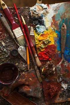 art paints, palette, brushes pencil