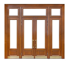 Large wooden entrance with cutout windows and double door with long gilded knobs, isolated on white background (design element, mock up)