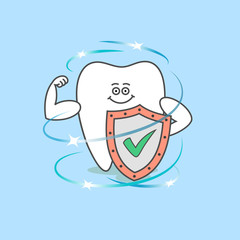 Fototapeta premium Tooth with a shield and a check mark. Healthy teeth. Dental care and hygiene icon. Cartoon tooth.