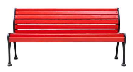Colorful wooden bench painted in red with metal legs, isolated on a white background (design element) - obrazy, fototapety, plakaty