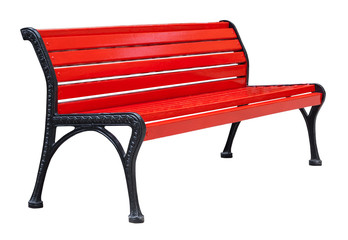 Perspective view on a colorful wooden bench painted in red with black metal legs, isolated on a...