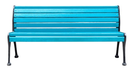Colorful wooden bench painted turquoise with black metal legs, isolated on a white background...