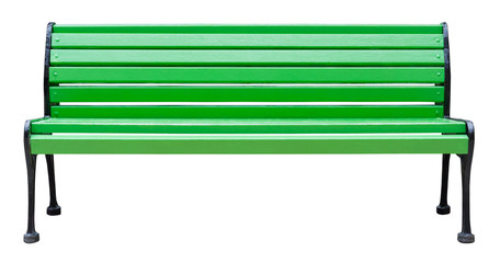Colored wooden bench painted green with black metal legs, isolated on a white background (design...