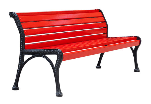Perspective view on a colorful wooden bench painted in red with black metal legs, isolated on a white background (design element)