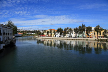 View of Gilao river and beautiful colorful houses in Tavira, Algarve, Portugal
