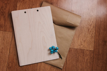 White tablet from wood for leading. wooden dokument holder